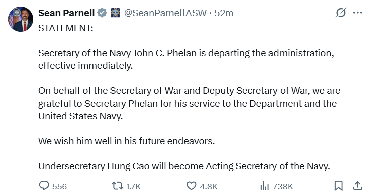 Navy Secretary John Phelan Resigns Effective Immediately Amid Hegseth’s Pentagon Purge